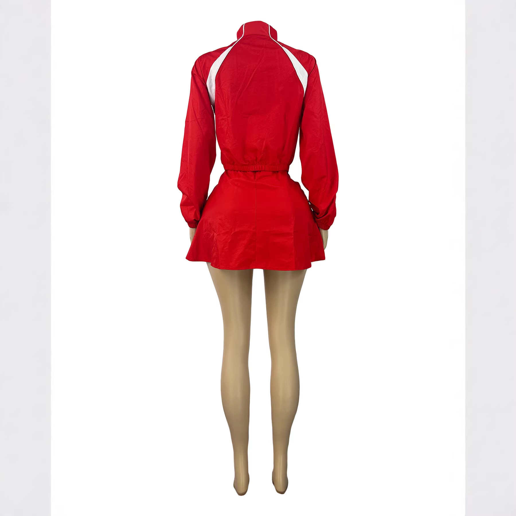HR26012 European and American women's fashion long-sleeve zip-up color-block stand-up collar jacket and drawstring pleated skirt-pants two-piece 