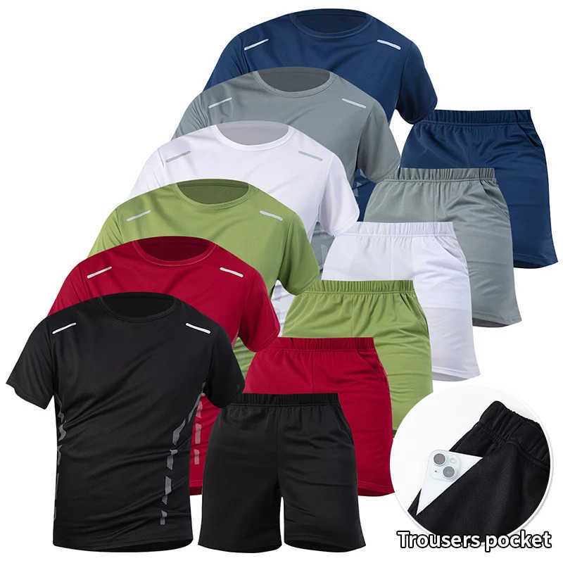 2Piece Mens Summer Quick drying Sports Suit Loose And Breathable Short Sleeved Tshirt Running Fitness Black Pocket Shorts 260418