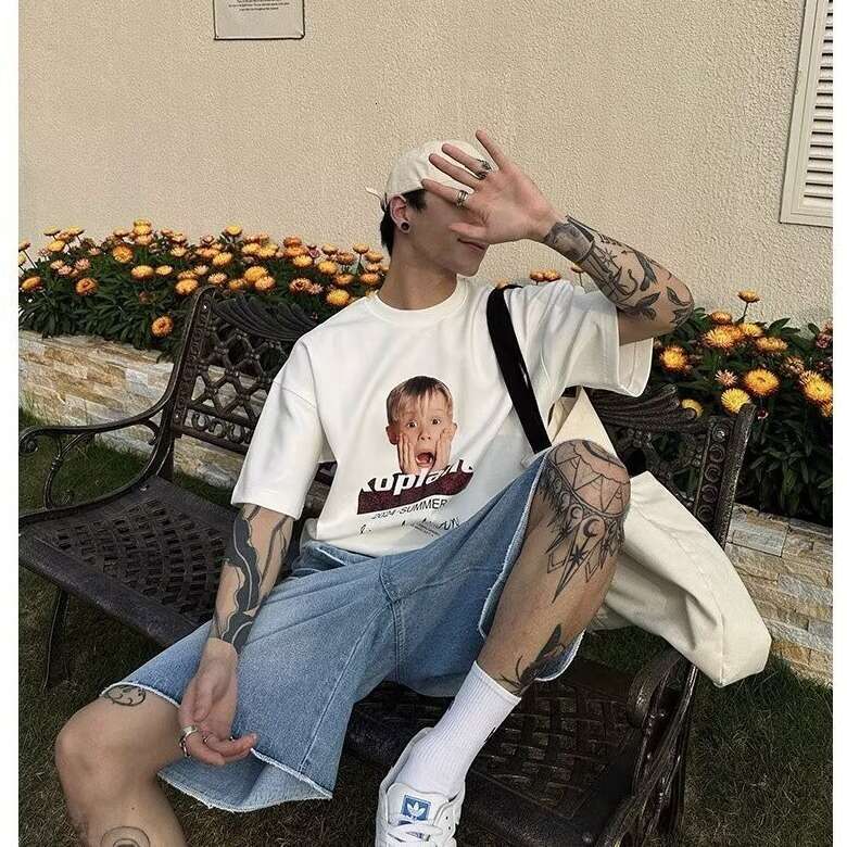 Denim Shorts Male Washed Black Stretch Jean Shorts Streetwear Travel Beach Holiday Cross-border American retro washed whisker pattern raw edge straigh