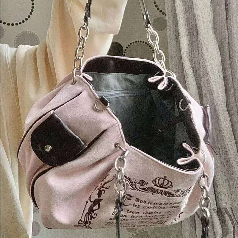 Y K Women Pink Vintage Gothic Tote Bag Aesthetic Large Capacity Embroidery Letter Retro Ladies Grunge Chain Travel Shoulder Bags SENYY