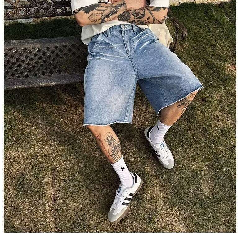 Denim Shorts Male Washed Black Stretch Jean Shorts Streetwear Travel Beach Holiday Cross-border American retro washed whisker pattern raw edge straigh