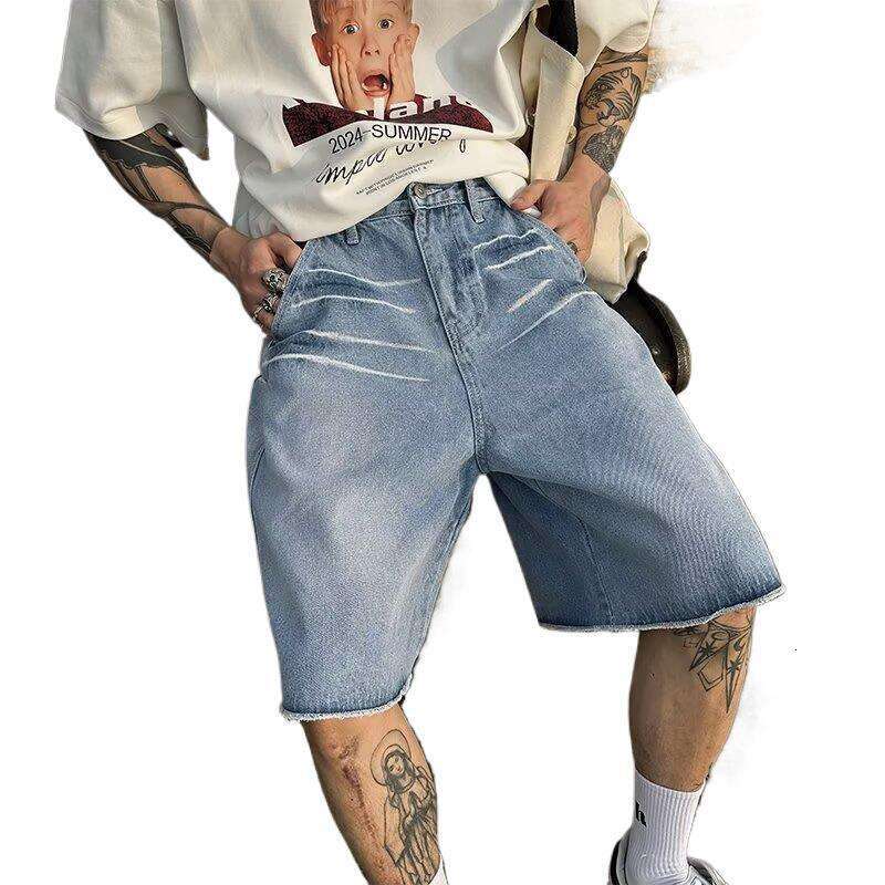 Denim Shorts Male Washed Black Stretch Jean Shorts Streetwear Travel Beach Holiday Cross-border American retro washed whisker pattern raw edge straigh
