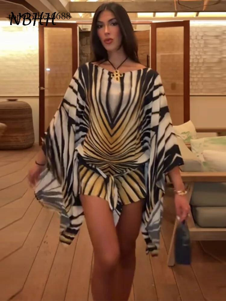 Holiday Loose Striped Mini Dress Women Round Neck Batwing Sleeve Lace Up Chic Dresses Female 2026 Summer Vacation Beach Robe