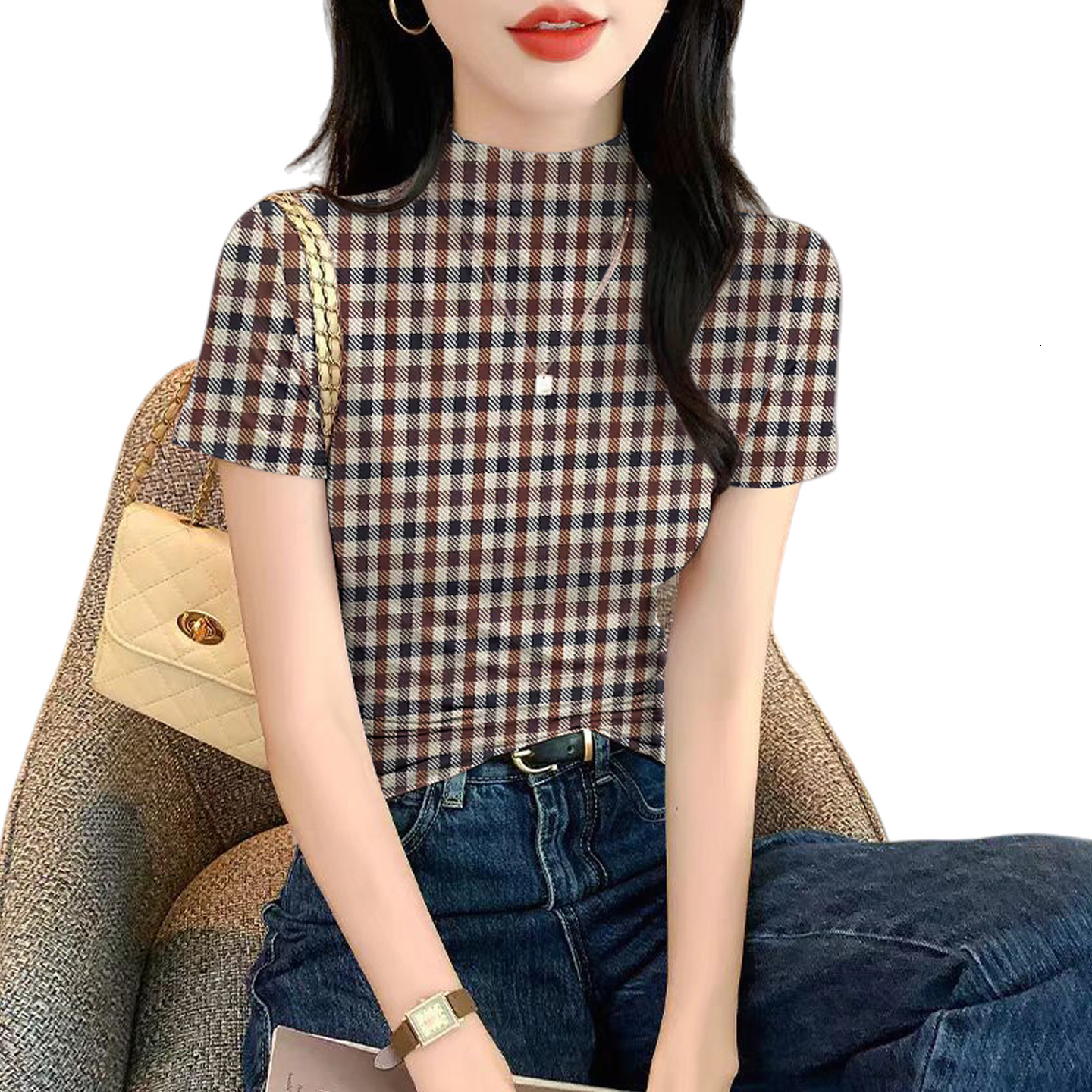 Ice Silk Designer Short Sleeved T-shirt For Women Summer New Fashion Outdoor Travel Half High Neck Base Shirt Slim Fit And Inner Plaid Top