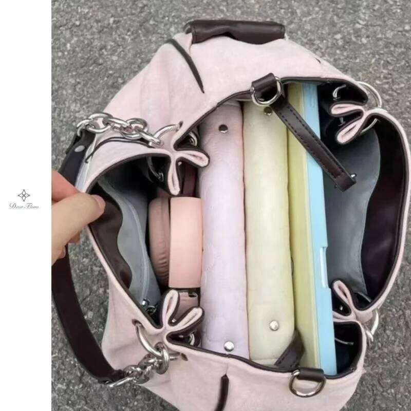 Y K Women Pink Vintage Gothic Tote Bag Aesthetic Large Capacity Embroidery Letter Retro Ladies Grunge Chain Travel Shoulder Bags SENYY