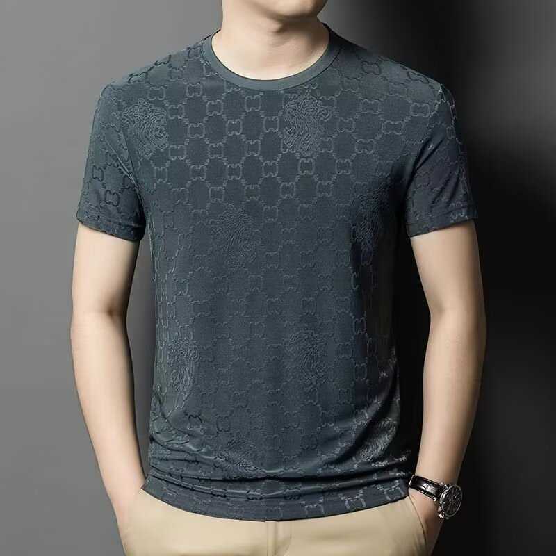 Summer high-end ice silk new round-neck mens breathable T-shirt casual slim-fit short-sleeve fashionable jacquard thin short-sleeve shirt