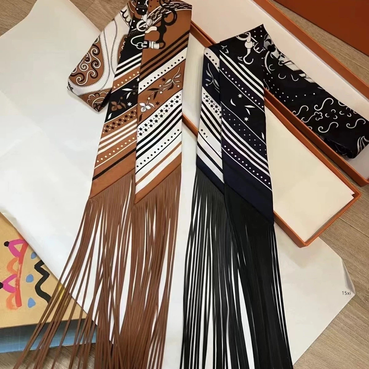 130x5cm tassel Europe Spring Cashew Nut Womens Decorative Small Silk Scarf Hair Band Binding Bag Handle Ribbon Small Scarf 260430