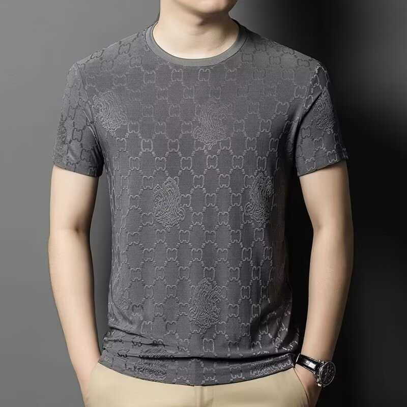 Summer high-end ice silk new round-neck mens breathable T-shirt casual slim-fit short-sleeve fashionable jacquard thin short-sleeve shirt