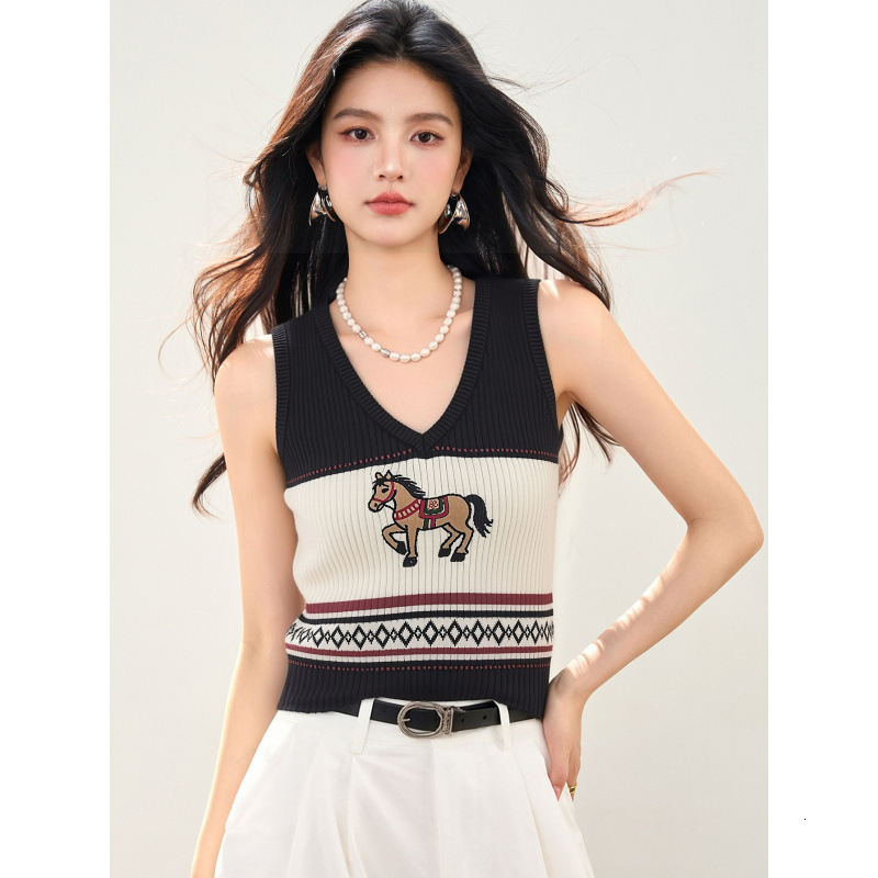 Real Shot 2026 Summer Retro Jacquard Knit Tank Top Designer V Neck Color Block Sleeveless Elegant Temperament Base Shirt For Women Ladies Daily Casual