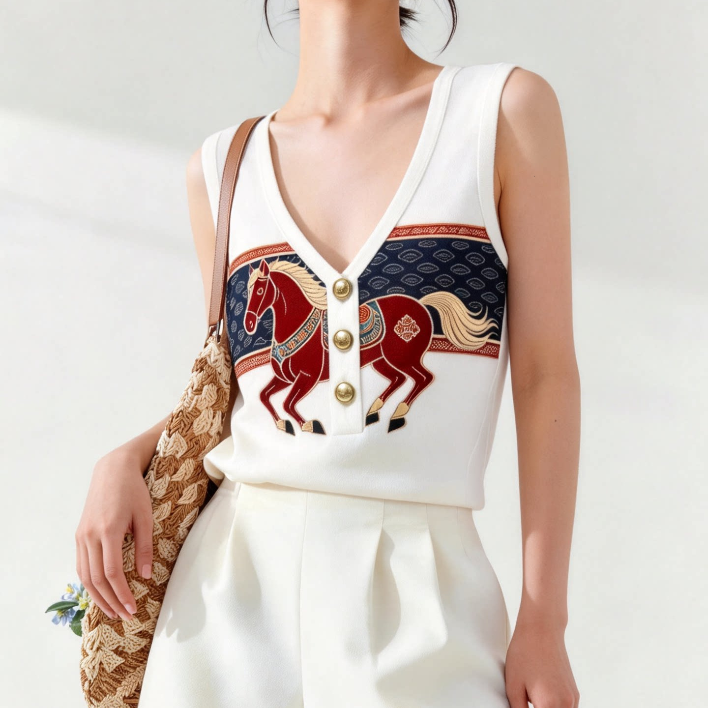 Women Ladies V Neck Sleeveless Slim Vest Designer New Chinese Style National Trend Horse Printed Summer Fashion Elegant Skinny Casual Top For Inner Ma