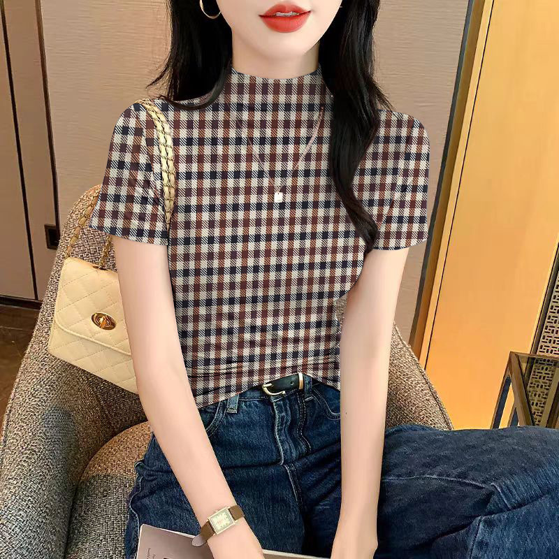 Ice Silk Designer Short Sleeved T-shirt For Women Summer New Fashion Outdoor Travel Half High Neck Base Shirt Slim Fit And Inner Plaid Top