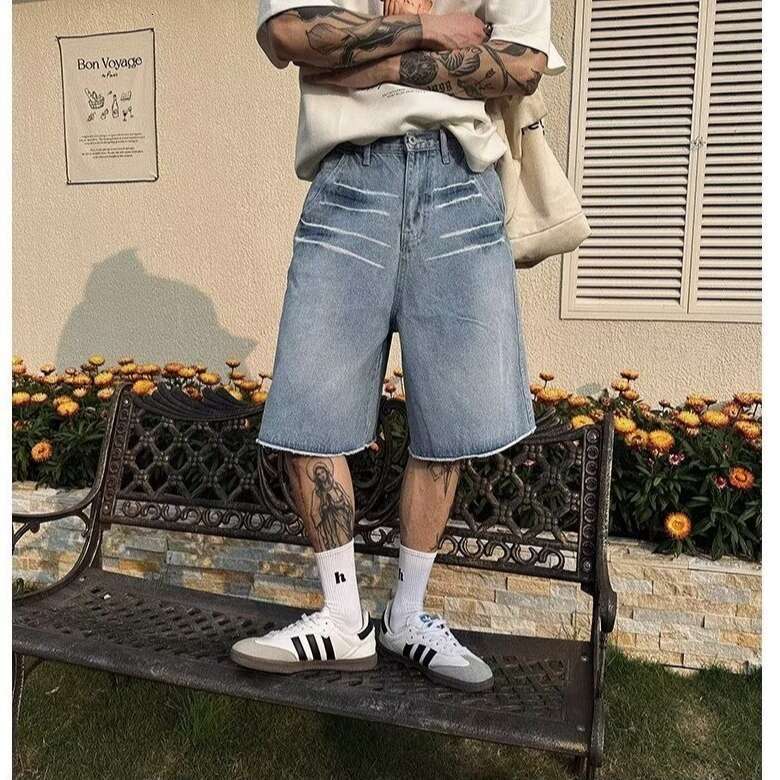 Denim Shorts Male Washed Black Stretch Jean Shorts Streetwear Travel Beach Holiday Cross-border American retro washed whisker pattern raw edge straigh