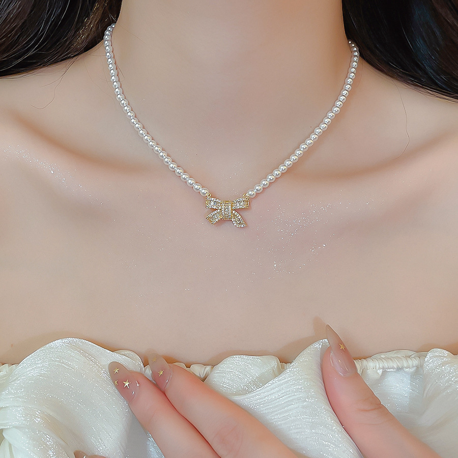 Collarbone summer fashion 2026 new trendy choker pearl bow necklace women's designer collarbone chain - view 5