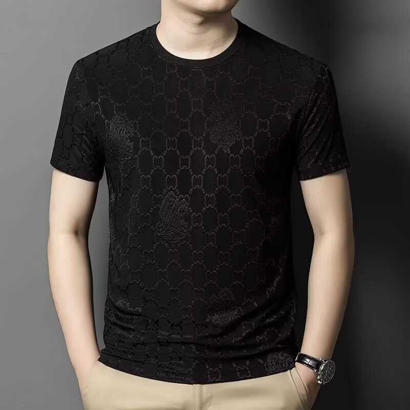 Summer high-end ice silk new round-neck mens breathable T-shirt casual slim-fit short-sleeve fashionable jacquard thin short-sleeve shirt