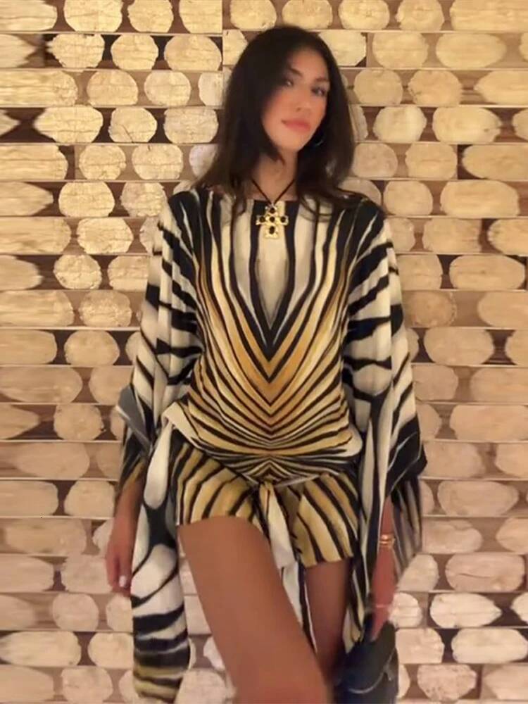 Holiday Loose Striped Mini Dress Women Round Neck Batwing Sleeve Lace Up Chic Dresses Female 2026 Summer Vacation Beach Robe