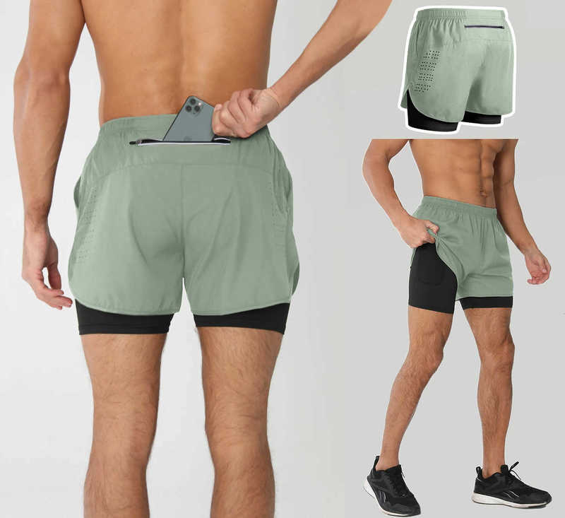Mens Running Shorts Quickdrying Fitness Black Double Layer Men Sport Workout Training Bodybuilding Short Pants 260418