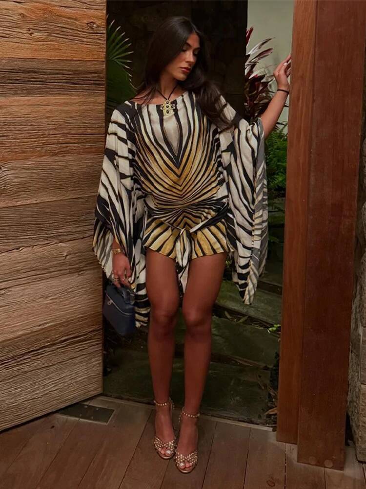 Holiday Loose Striped Mini Dress Women Round Neck Batwing Sleeve Lace Up Chic Dresses Female 2026 Summer Vacation Beach Robe