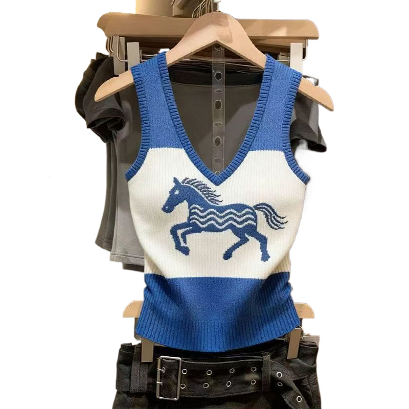 Women Ladies Ice Silk Knit Sleeveless Sweater Designer Color Block V Neck Pony Pattern 2026 Summer Slim Fit Versatile Age Reducing Casual Vest For Inn
