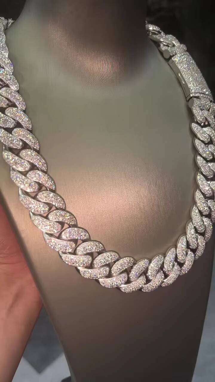 Wholesale Prong Set Iced Out Moissanite Cuban Link Chain 20mm 925 Silver VVS Hip Hop Jewelry Heavy Miami Cuban Necklace