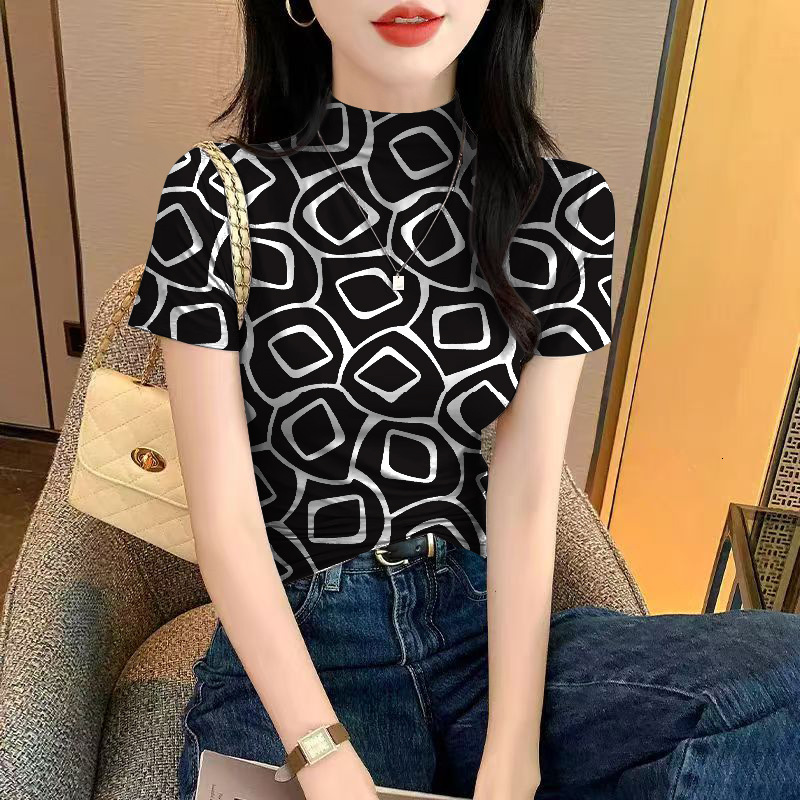 Ice Silk Designer Short Sleeved T-shirt For Women Summer New Fashion Outdoor Travel Half High Neck Base Shirt Slim Fit And Inner Plaid Top