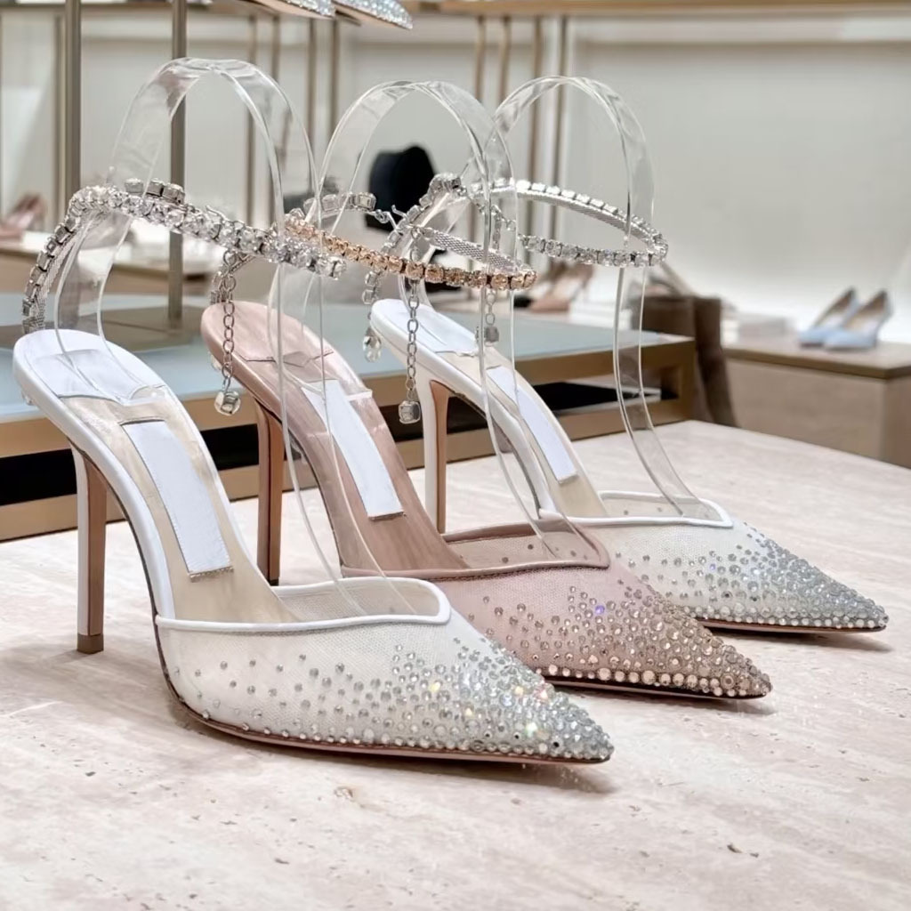 dress shoes high heels designer sandals womans sandals Rhinestone Chains Sandals slingback Mesh Diamond High Heels Wedding Party Shoes Sexy Thin Heels Sandals 35-42