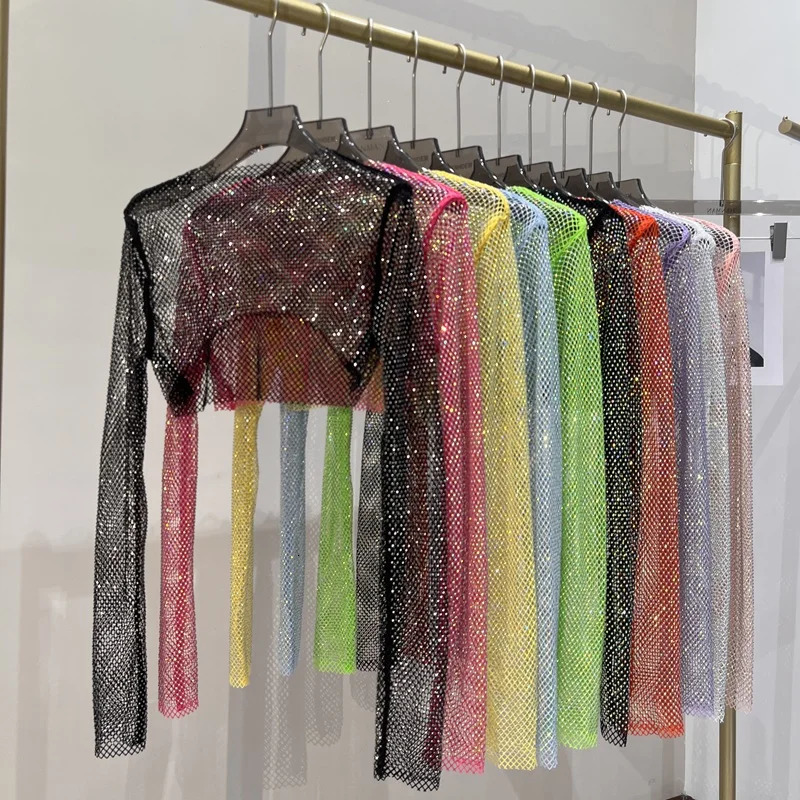 sexy bright diamond short top Slim thin Ms drill long-sleeved T-shirt sexy leak waist nightclub 260430