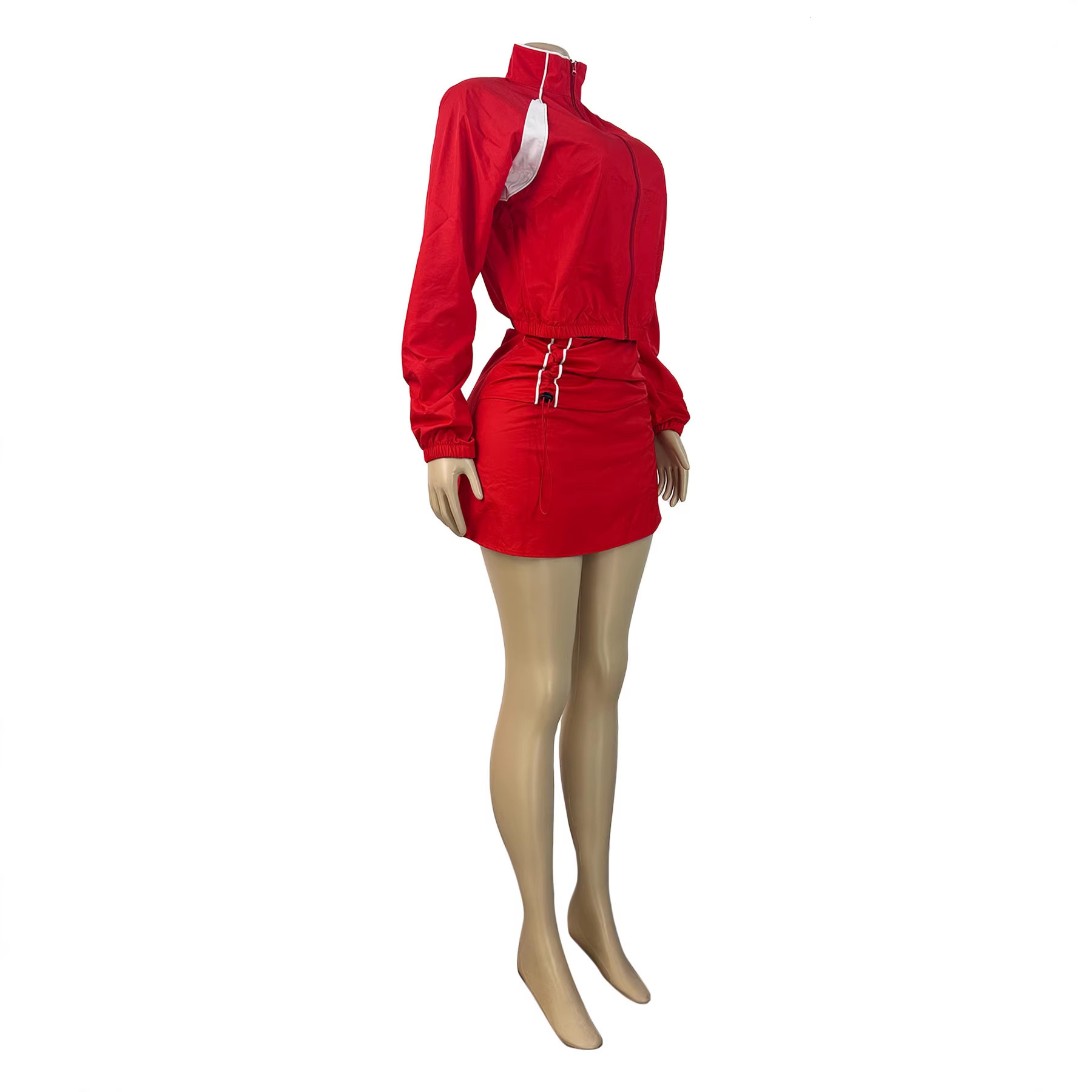 HR26012 European and American women's fashion long-sleeve zip-up color-block stand-up collar jacket and drawstring pleated skirt-pants two-piece 