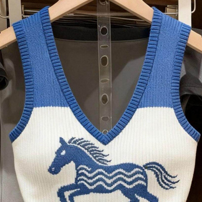 Women Ladies Ice Silk Knit Sleeveless Sweater Designer Color Block V Neck Pony Pattern 2026 Summer Slim Fit Versatile Age Reducing Casual Vest For Inn