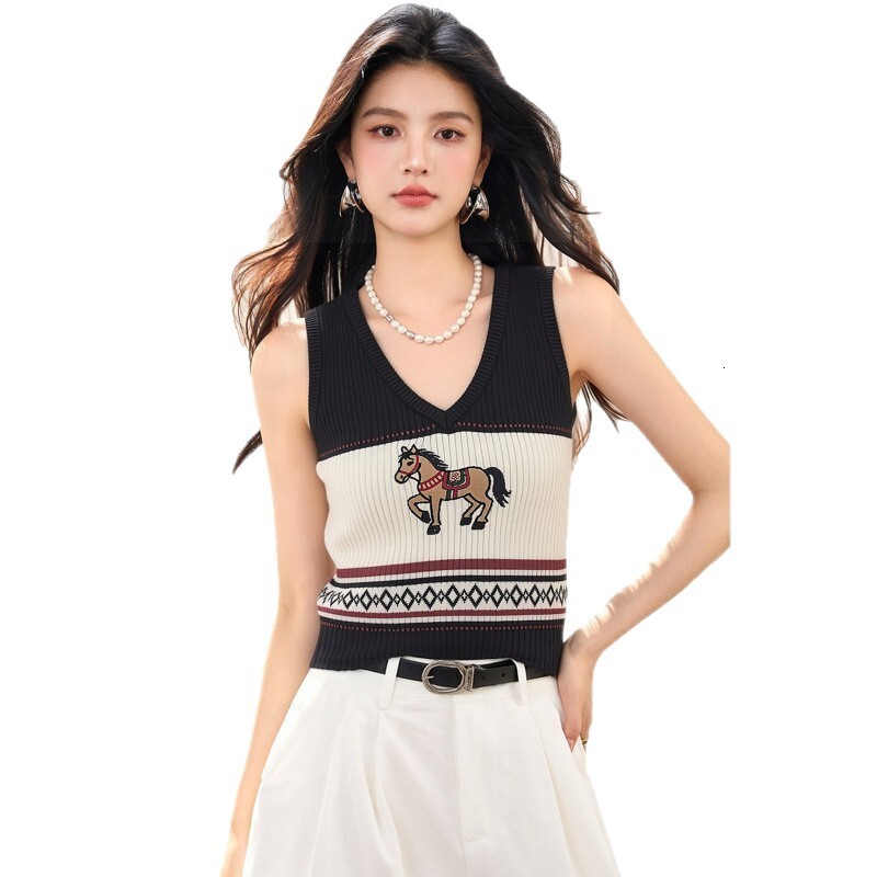 Real Shot 2026 Summer Retro Jacquard Knit Tank Top Designer V Neck Color Block Sleeveless Elegant Temperament Base Shirt For Women Ladies Daily Casual