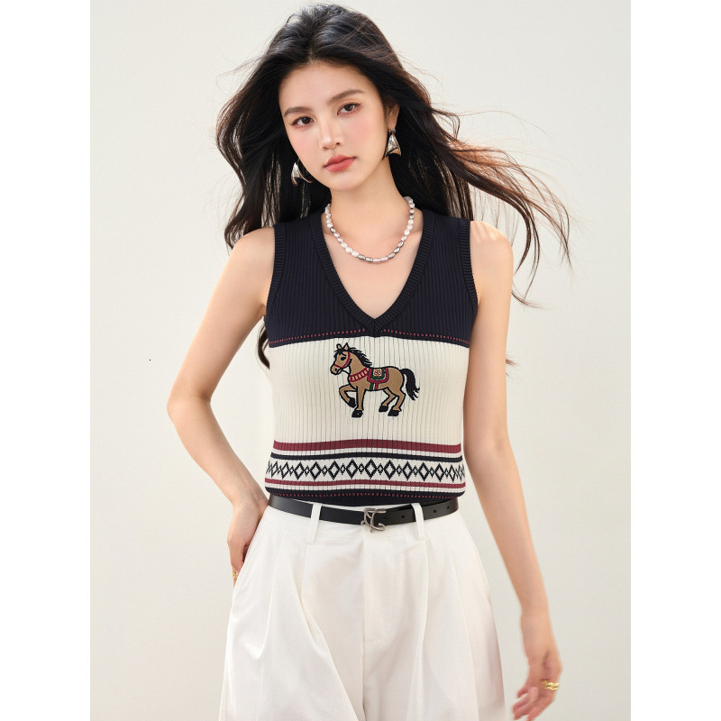 Real Shot 2026 Summer Retro Jacquard Knit Tank Top Designer V Neck Color Block Sleeveless Elegant Temperament Base Shirt For Women Ladies Daily Casual