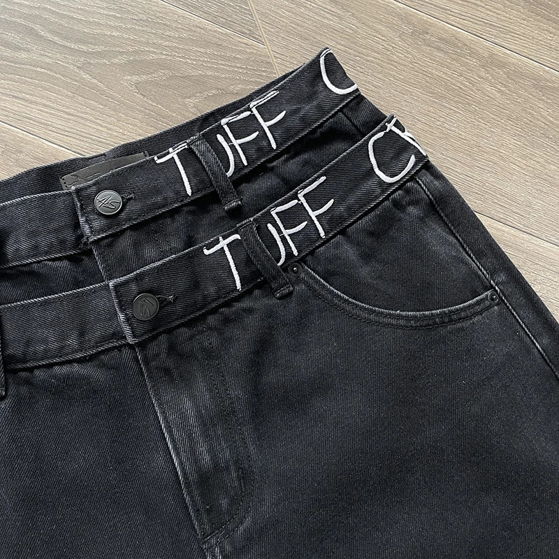 TUFF CROWD American high street niche n embroidered black casual denim shorts 260430