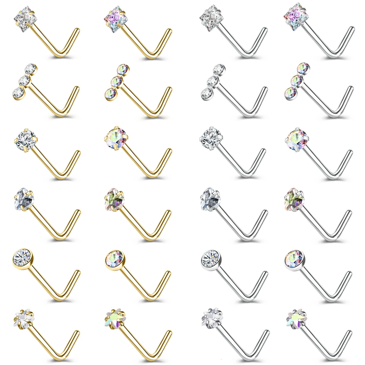 ZS 34Pcslot Gold Color Stainless Steel Nose Stud Set Heart Star Round Crystal Piercing L Shape Nostril 18g20g 260430