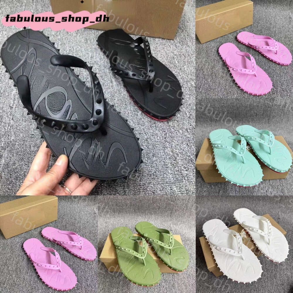 CL Summer Beach Flats Flip Flops Leather Studded Designer Slippers Slides Sandals Men / Women Cristian Red Black Spikes Donnas Spiked Rubber Loubitin Slipper Dee