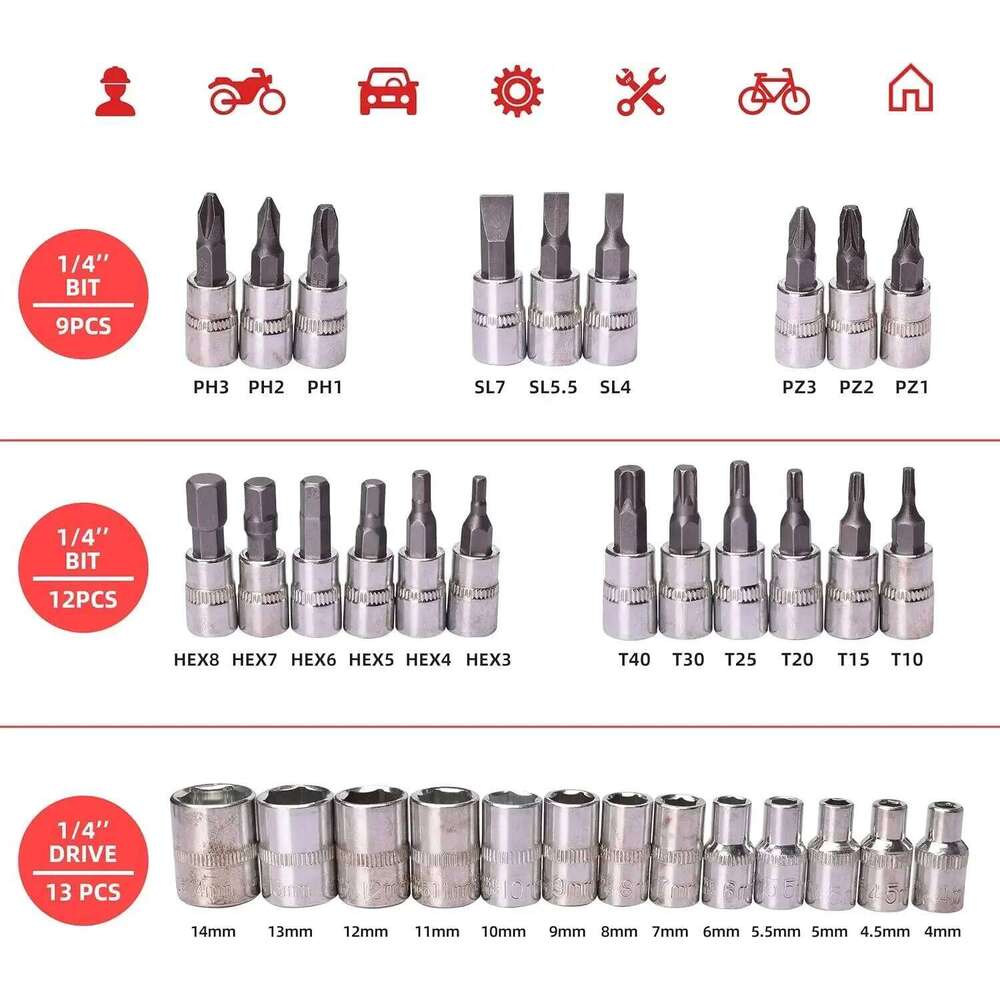 46PC Socket Wrench Set Household Chrome Vanadium Steel Motorcycle Auto Car Repair Tool Ratchet Torque Combo Mechanical Tools Box