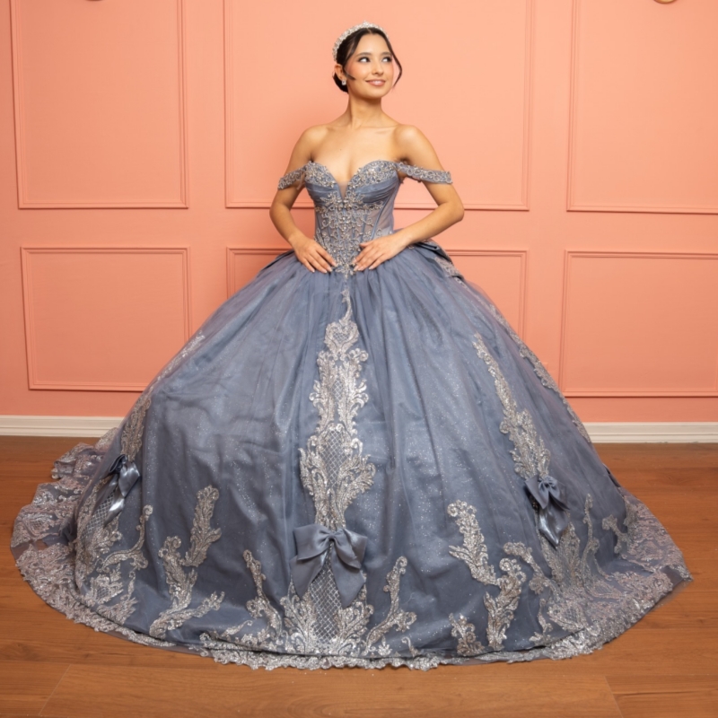 Navy Blue Shiny Ball Gown Quinceanera Dresses Silvery Applique Beading Crystal Bow Tull Corset Off Shoulder Sweet 16 Dress vestidos 15 anos