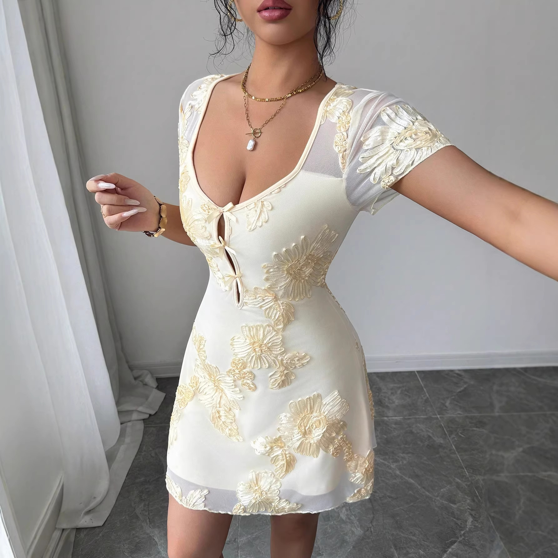 Designer Dress European American Fashion Mesh Embroidery Square Neck Waist Shaping Slim Fit Elegant Vacation Style Long Dress Casual Daily Beach Resor