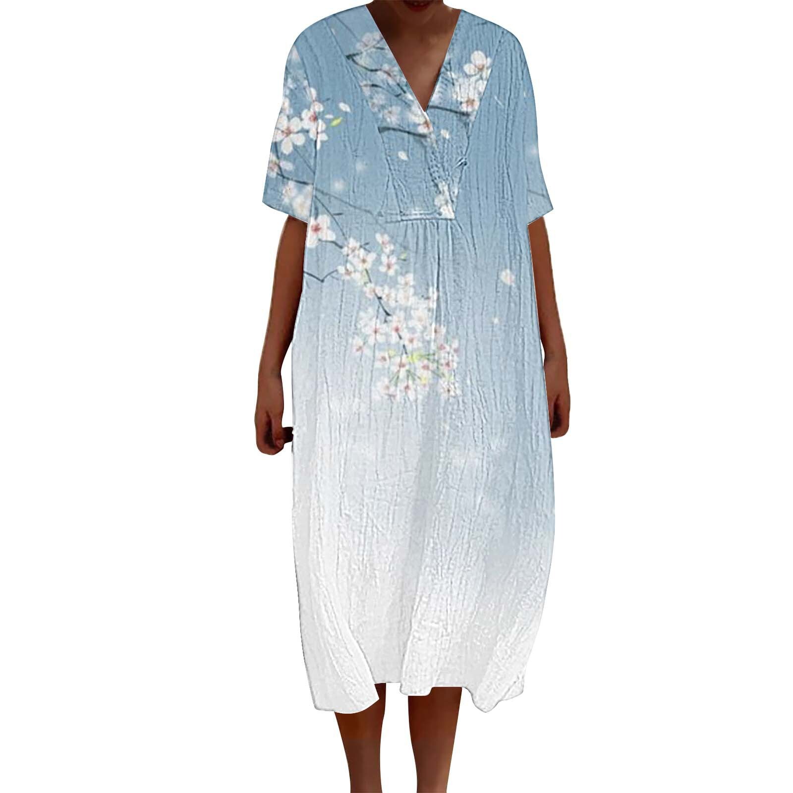Summer New Arrival Designer Dress 3D Digital Floral Printed V Neck Short Sleeve Maxi Dress Retro Bohemian Plus Size Loose Breathable Soft Fabric Casua