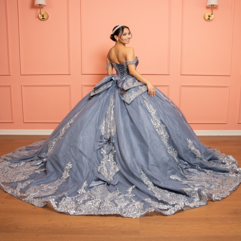 Navy Blue Shiny Ball Gown Quinceanera Dresses Silvery Applique Beading Crystal Bow Tull Corset Off Shoulder Sweet 16 Dress vestidos 15 anos - view 3