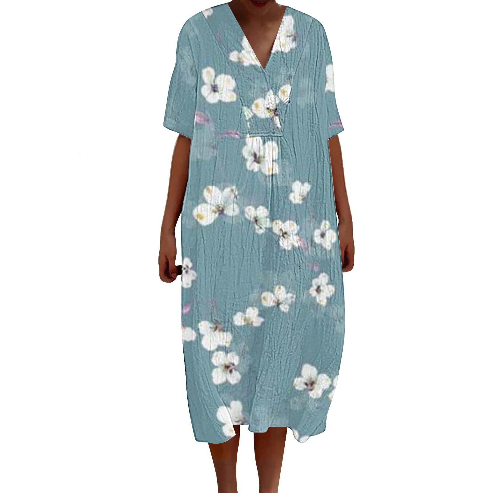 Summer New Arrival Designer Dress 3D Digital Floral Printed V Neck Short Sleeve Maxi Dress Retro Bohemian Plus Size Loose Breathable Soft Fabric Casua
