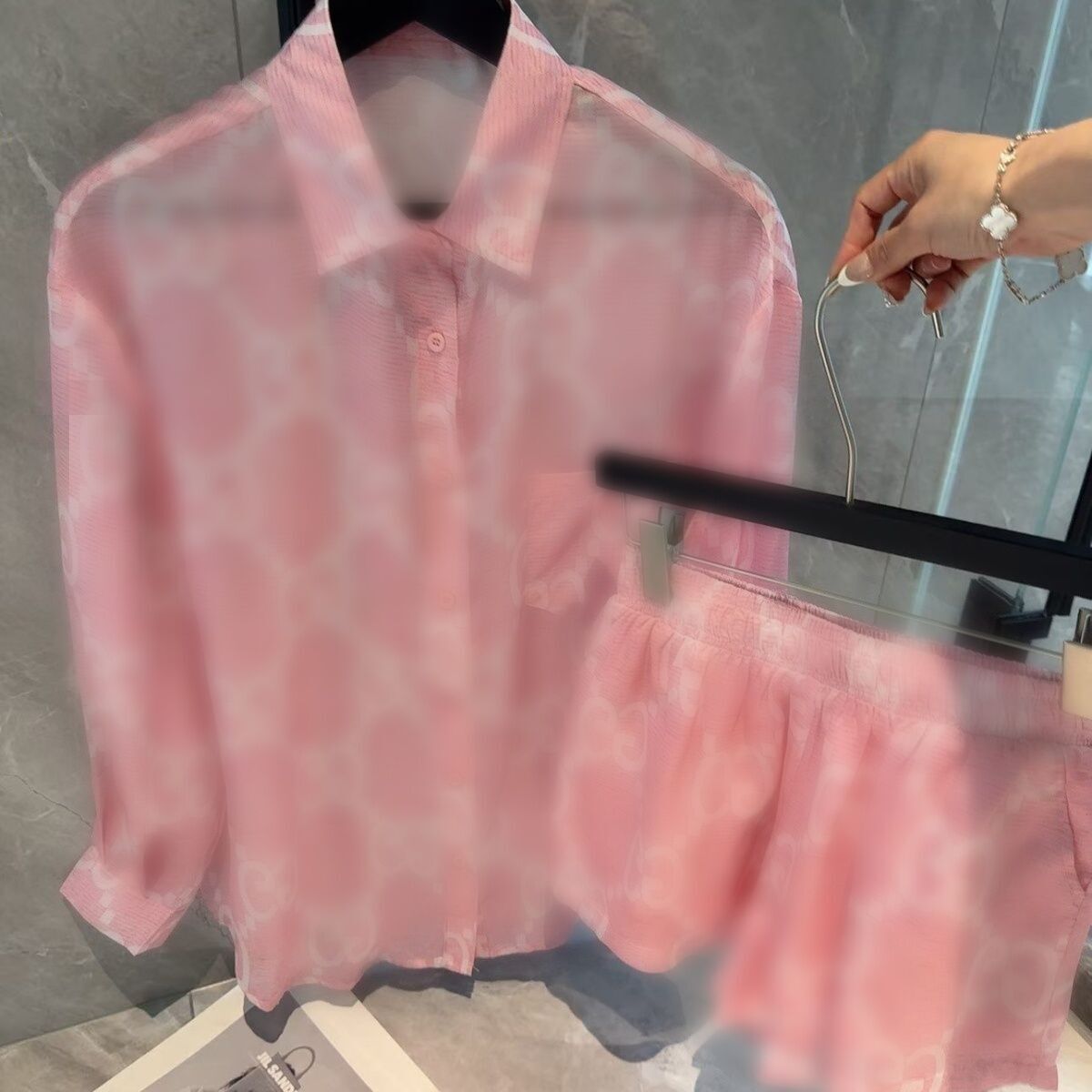 Summer women's logo letter print chiffon designer long sleeve shirt blouse and shorts set 2 pcs pants suit SMLXL
