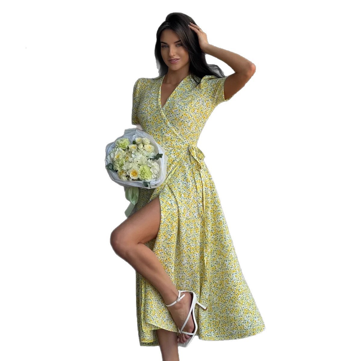 Designer Dress European American 2026 Summer New V Neck Short Sleeve Floral Maxi Dress Wrap Tie Waist Split Slim Elegant Temperament Casual Daily Beac