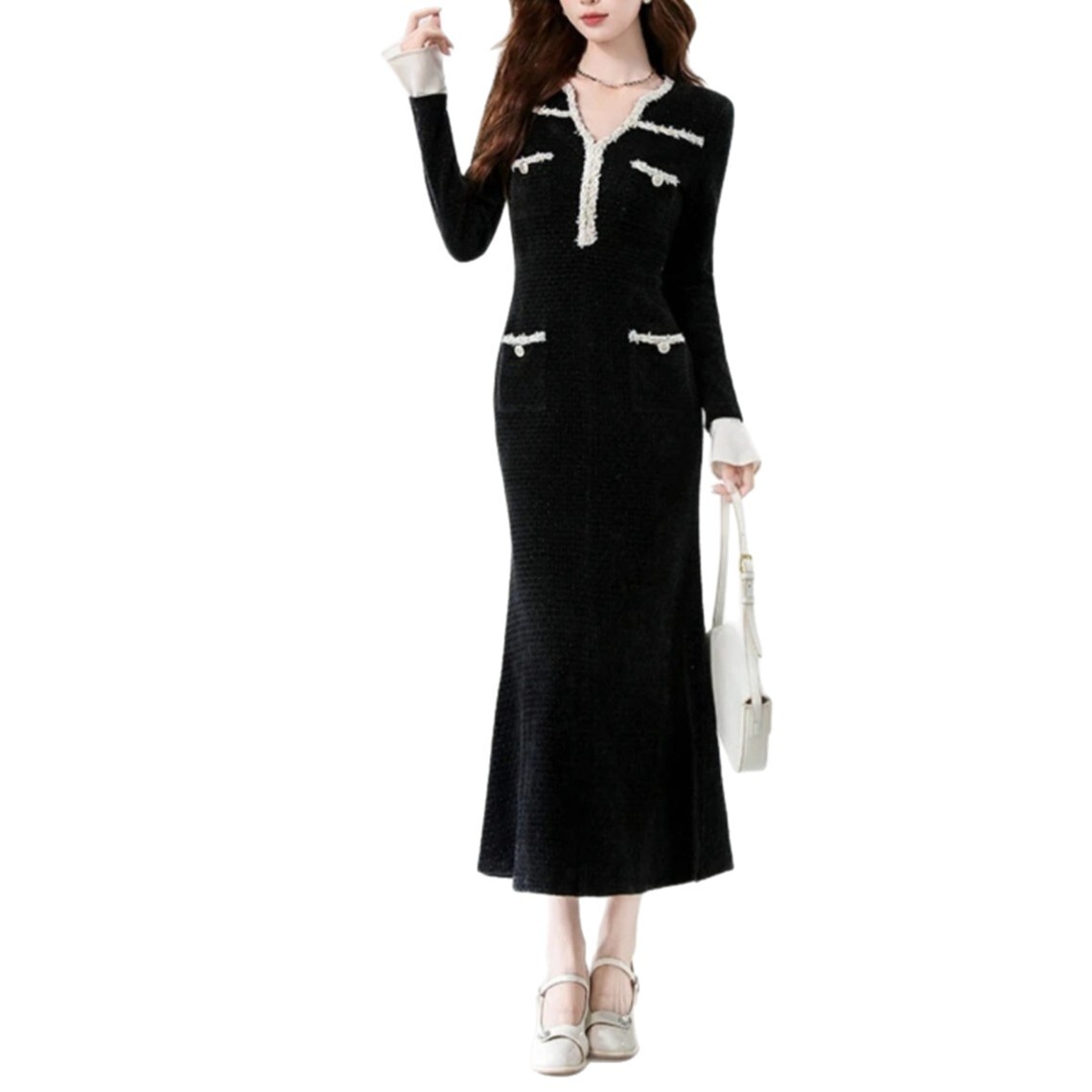 Summer Designer Dress French Socialite Elegant V Neck Flare Sleeve Mermaid Dress Age Reducing Fashion Black Inner Wear Slim Fitted Temperament Casual 