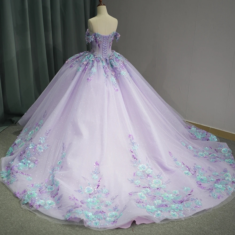 Lilac Shiny Quinceanera Dresses Sweetheart Crystal Sequin Lace Appliques Court Train Ball Gown Tull Vestidos De 15 Anos sweet 16 dress