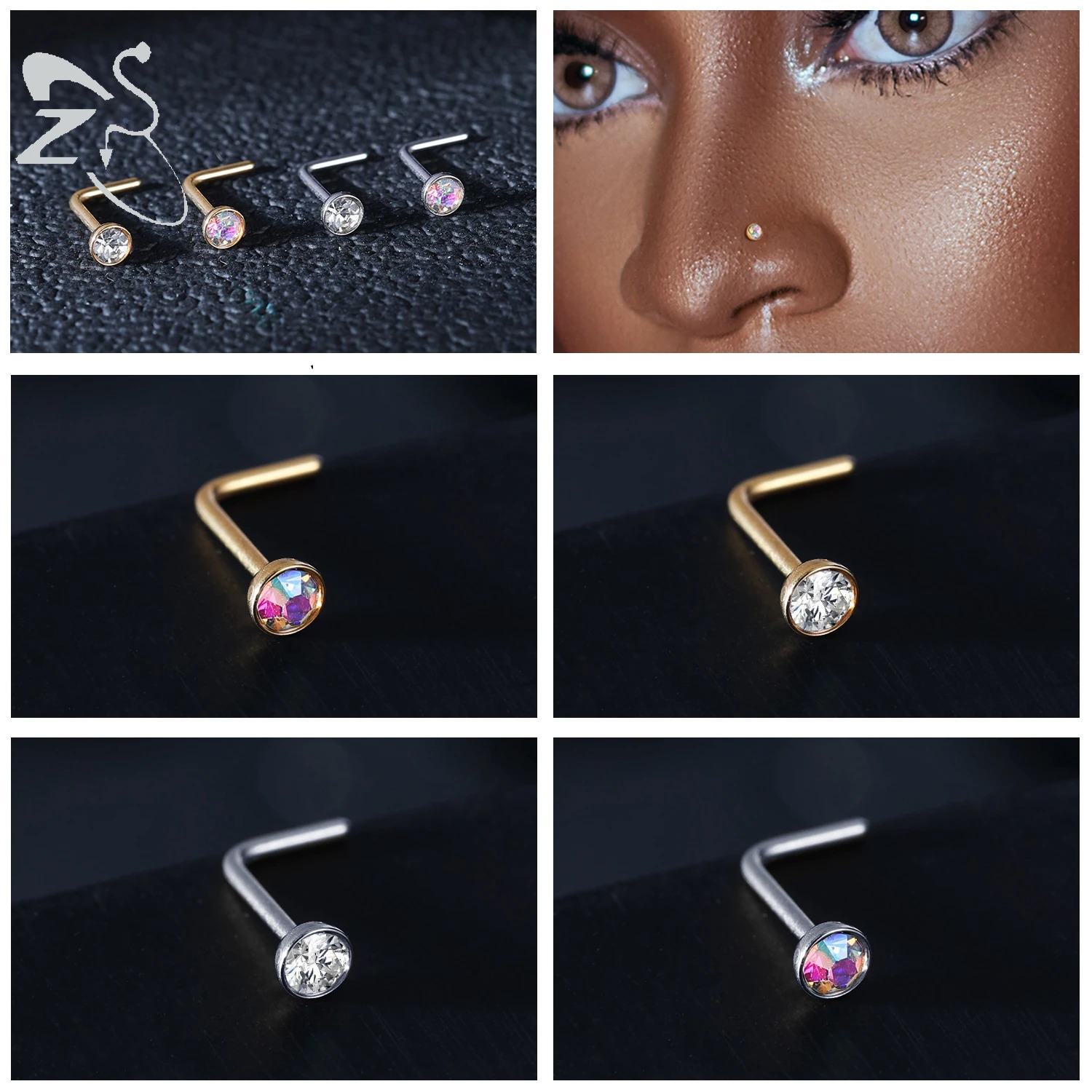 ZS 34Pcslot Gold Color Stainless Steel Nose Stud Set Heart Star Round Crystal Piercing L Shape Nostril 18g20g 260430