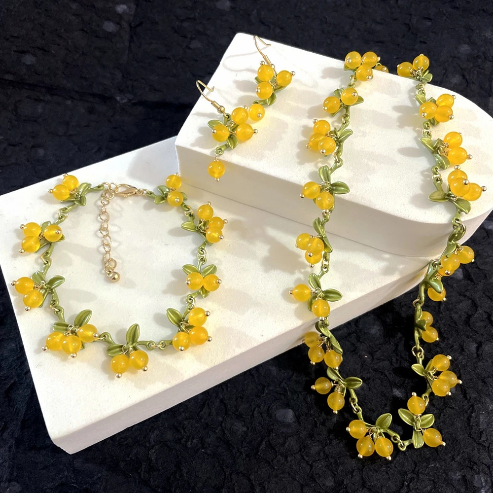 retro French forest plant baked paint flower berry cranberry natural stone earrings bracelet necklace set 260430