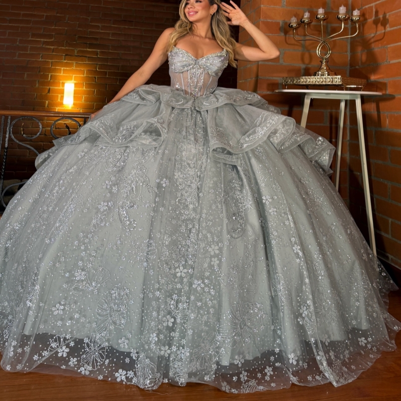 silvery Shiny Ball Gown Quinceanera Dresses Applique lace Beading Crystal Bow Tull Corset Off Shoulder Sweet 16 Dress vestidos 15 anos