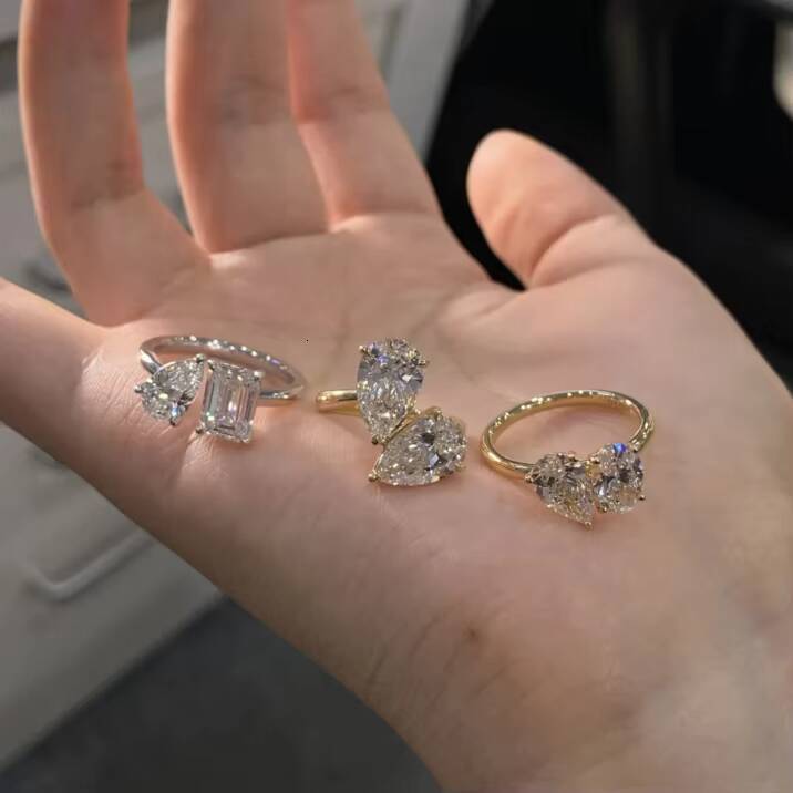 14K Gold Two Stone Lab Grown Diamond Ring 1CT Fancy Cut Engagement Wedding Ring with IGI Certificate Toi Et Moi Style - view 4