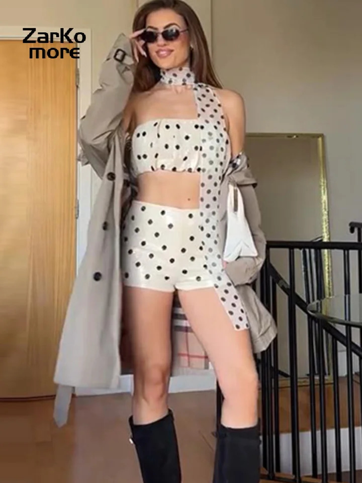 Chic Polka Dot Beaded Top Shorts Sets Women Pleated Sleeveless Backless Crop Vest High Waist Short Pants 2026 Summer Lady Suit 260430