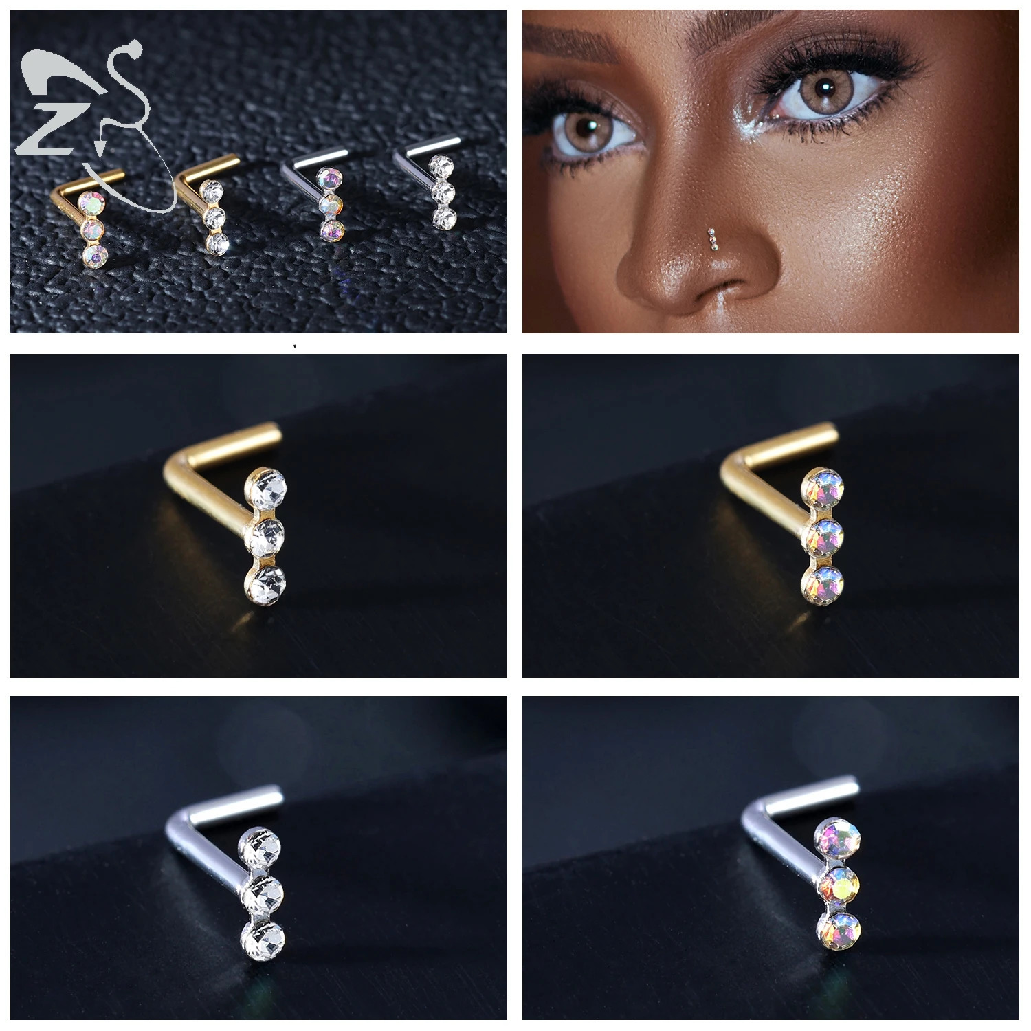 ZS 34Pcslot Gold Color Stainless Steel Nose Stud Set Heart Star Round Crystal Piercing L Shape Nostril 18g20g 260430