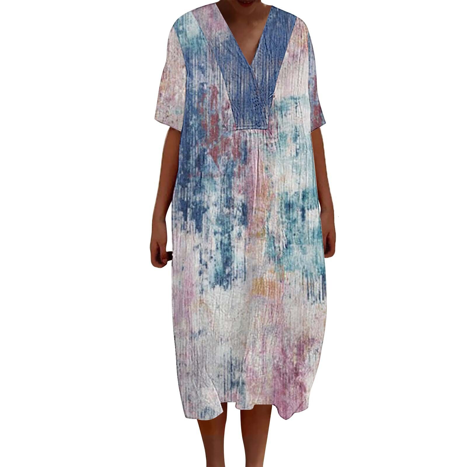 Summer New Arrival Designer Dress 3D Digital Floral Printed V Neck Short Sleeve Maxi Dress Retro Bohemian Plus Size Loose Breathable Soft Fabric Casua